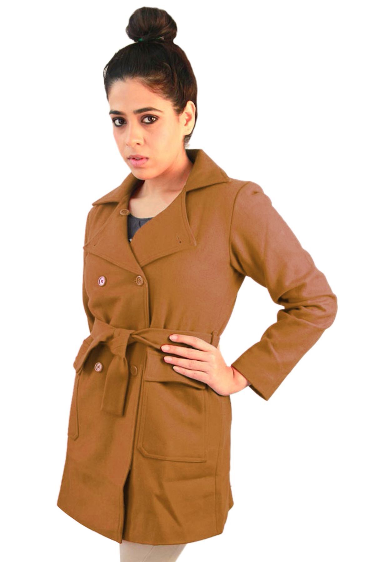 Brown Woollen Cropped Trench Coat | Women